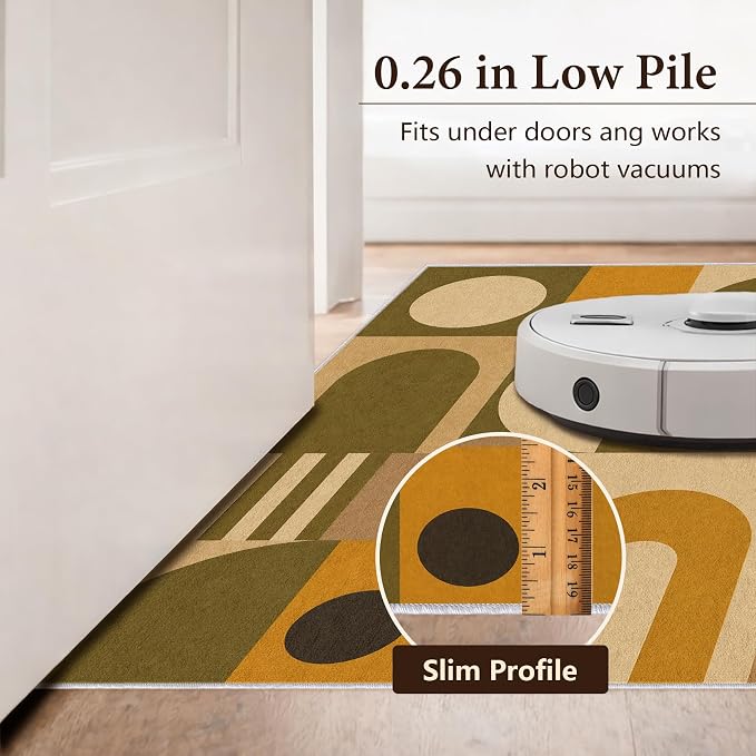 Olive Bauhaus Area Rug 4x5, Mid Century Modern Geometric Rug, Mustard Green Abstract Color Block Washable Low Pile Non Slip Rug for Living Room Bedroom