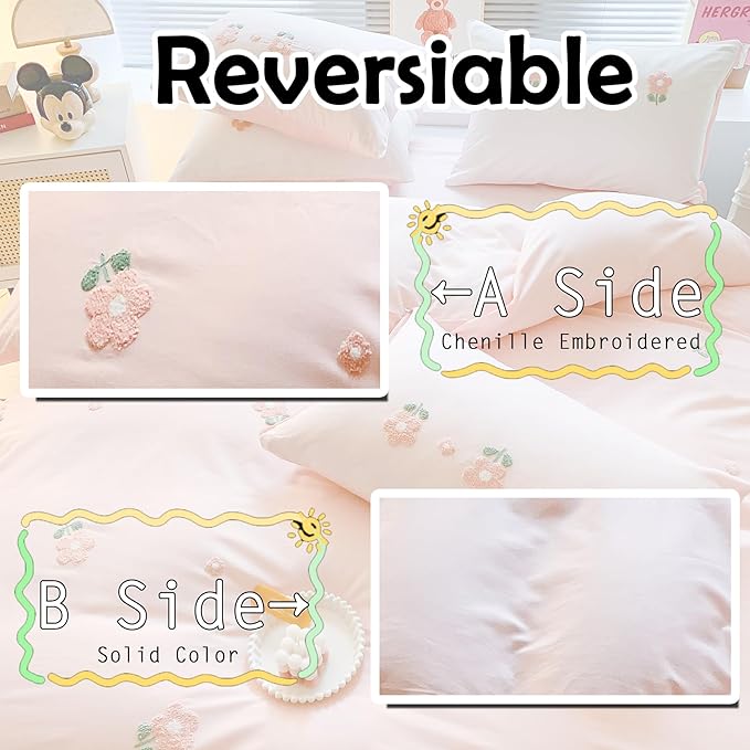 MorroMorn Cotton Duvet Cover Queen Size, 3D Embroidery Queen Bedding Sets Pink Bed Set, Cute Chenille Embroidered Comforter Covers Soft Breathable for Girls Boys Kids Teen (Flowers Pink, Full/Queen)