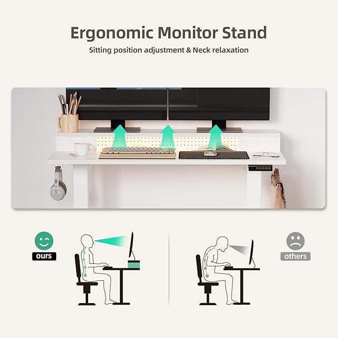 Claiks Electric Standing Desk with Shelf, 48 Inch Height Adjustable Standing Desk with LED Lights & Monitor Stand, White Frame/White Top