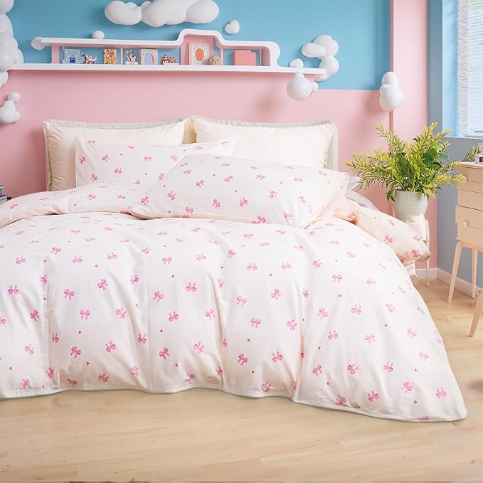 Pink Bow Duvet Cover Set Queen 100% Nature Cotton Duvet Cover 3 Pcs Girls Cute Comforter Cover with Zipper Closure Ultra Soft Breathable Bedding Set for All Seasons
