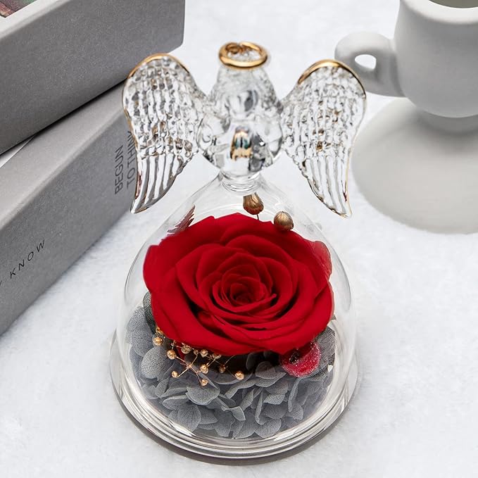 Yamonic Mom Birthday Gifts for Women, Preserved Roses Forever Flower in Glass Angel Figurines Gifts for Moms Grandma, Real Fresh Flowers Christmas Mothers Day Anniversary Valentines Gifts for Her(Red)