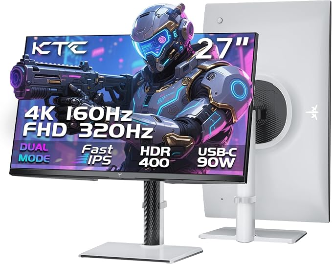 KTC 27 Inch 4K Gaming Monitor, Dual Mode UHD 160Hz & FHD 320Hz, Fast IPS, HDR400, Adaptive Sync, 90W Type-C, HDMI 2.1 & DP 1.4, Height Adjustment PC Monitor, VESA, KVM Support, H27P6