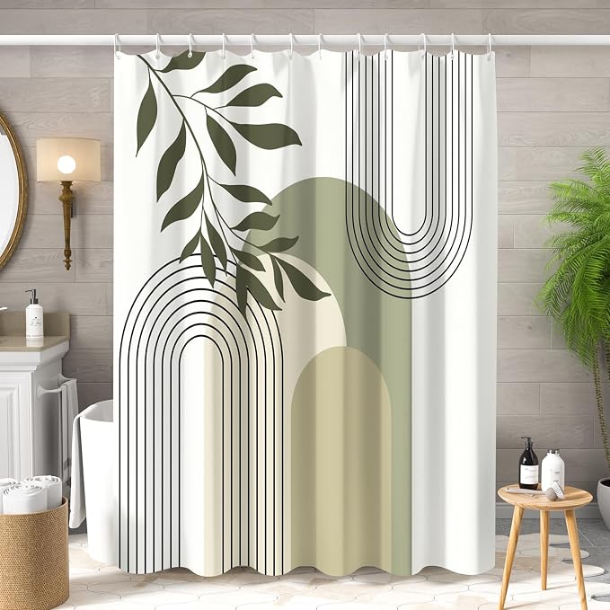 Boho Sage Green Shower Curtain Mid Century Modern Abstract Plant Botanical Bathroom Curtain Minimalist Neutral Geometric Arch Bath Decor Polyester Set with Hooks 72x84 inch