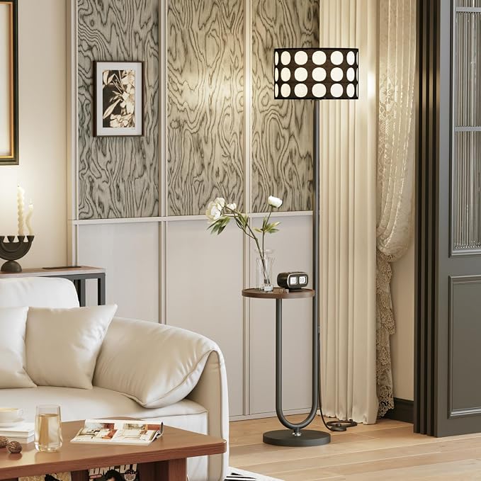62.9" Floor Lamp with Table Brown, Black Lampshade Vintage Standing Lamp with Tray Foot Switch, 3 Color Temperatures LED Bulb Included, for Living Room, Bedroom