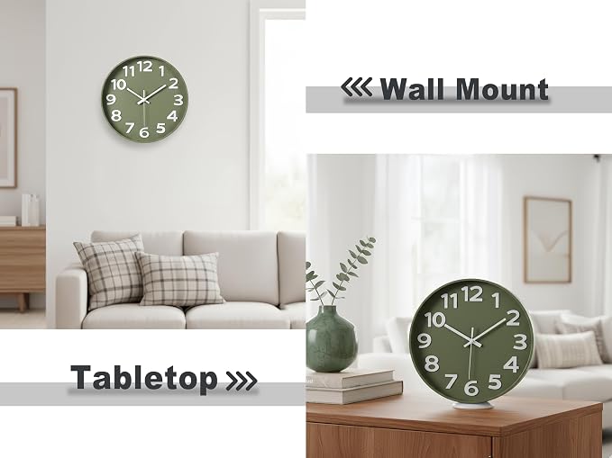 45MinST 12 Inch 3D Number Dial Face Modern Indoor Outdoor Clock, Silent Non-Ticking Round Home Decor Wall Clock with Arabic Numerals, Colorful Dial Face (Olive Green)