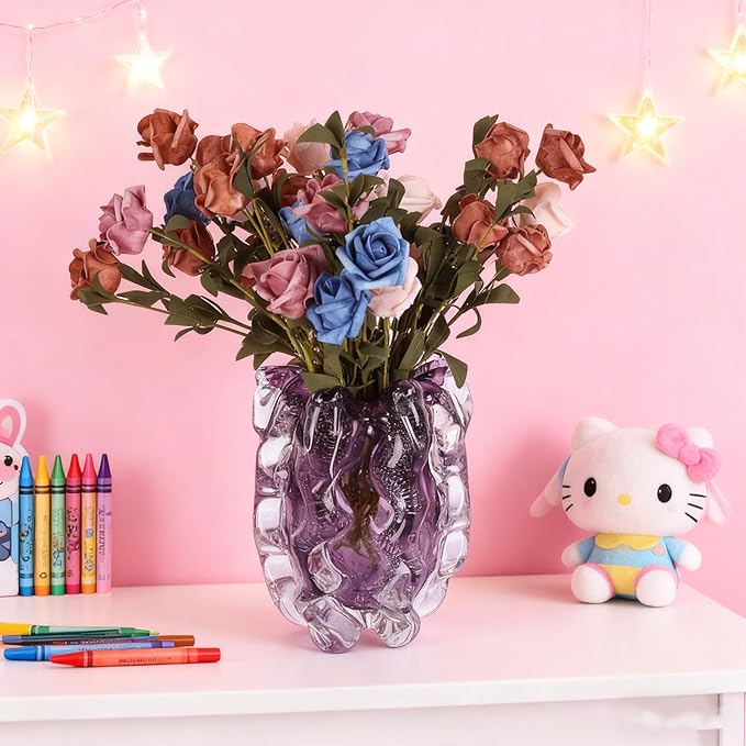Blown Glass Bubble with Ruffled Edge Vase, Art Glass for Home Decor, Tall Vases for Centerpieces & Flowers, Crystal-Like for Bouquets & Pampas Grass, Vases Amber, Flower Bouquet Display (Purple, S)