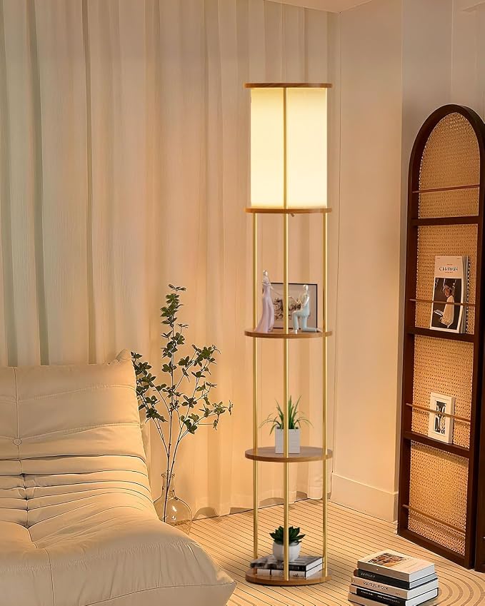 Lightdot 61" Floor Lamp with Shelves, Modern Gold Floor Lamp with Fabric Shade and 3- Tier Solid Wood Table Attached, Corner Bookshelf Lamps with 3000K Bulb Included for Sofa Beside/Corner Decor