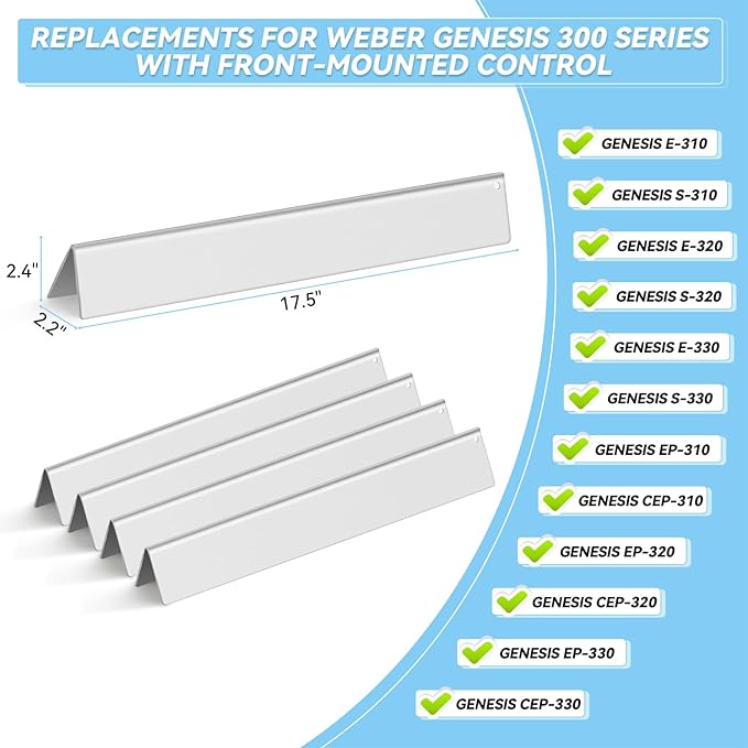 17.5" Flavorizer Bars for Weber Genesis 300 Series Grills with Front Control Knob, Replacement for Genesis Grill Parts E310 S310 E320 S320 E330 S330 Stainless Steel Heat Plates for 7620, 5 Pack
