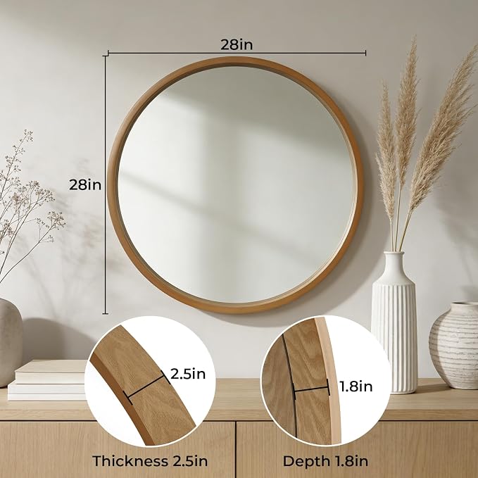 WallBeyond 28 Inch Natural Round Wood Mirror, Large Circle Wooden Frame Wall Mirror for Bathroom, Living Room, Bedroom, Entryway