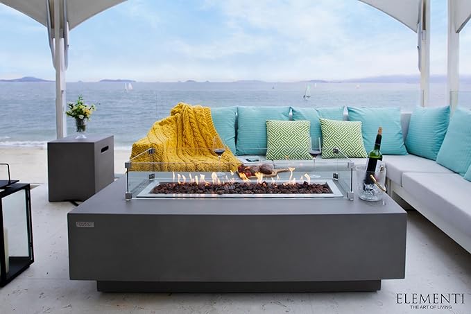 Elementi | Bundle Granville Gas Fire Pit Cast Concrete 60" Rectangular Fire Table, Outdoor Fire Pit Electronic Ignition | Canvas Cover, Lava Rock Included | Light Gray (Natural Gas)
