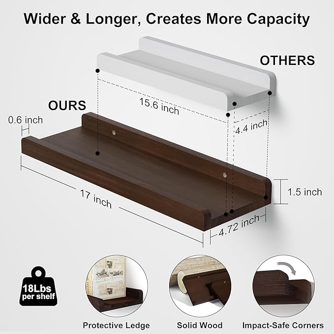 Love-KANKEI Floating Shelves Wall Mounted Set of 2, 17 Inch Rustic Wood Wall Shelves for Storage, Bedroom Living Room Bathroom Kitchen Office and More Dark Walnut