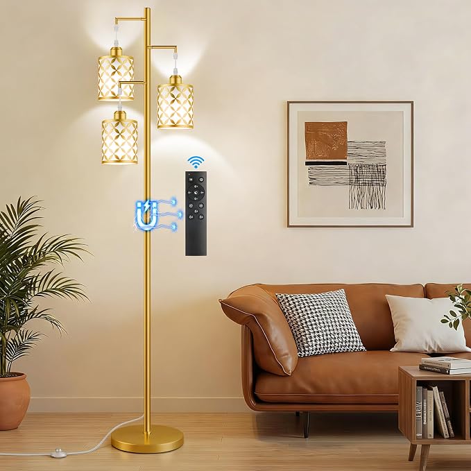 Dimmable Floor Lamp, Farmhouse Standing Lamp with Elegant Metal Cage, Industrial Tall Tree Floor Lamps for Living Room, Bedroom, Study Room, Office, 3 x 800LM LED Bulbs Included, 72", Gold