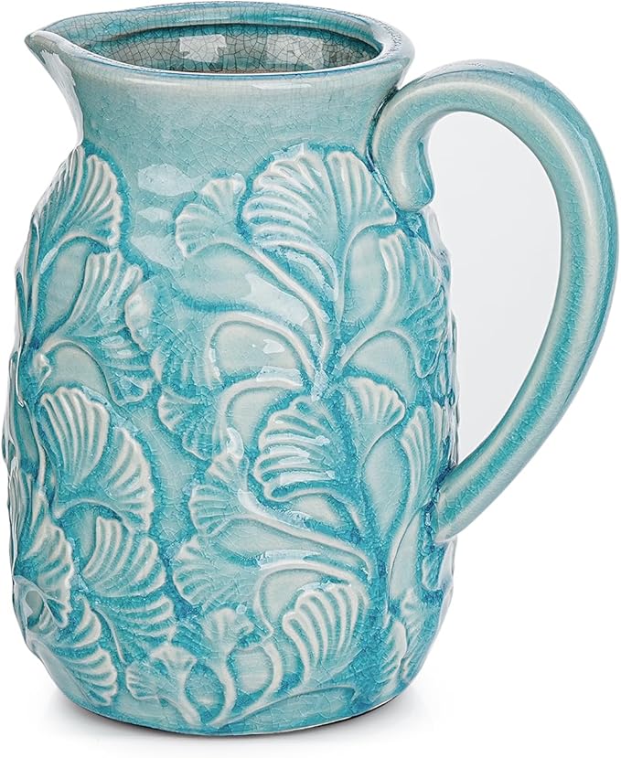 Sungmor Embossed Ceramic Pitcher Vase, Decorative Blue Farmhouse Ceramic Pitcher for Flowers, Vintage Textured Vase for Table, Kitchen & Home Decor, 8 Inch with Ice Crackle Glaze Finish