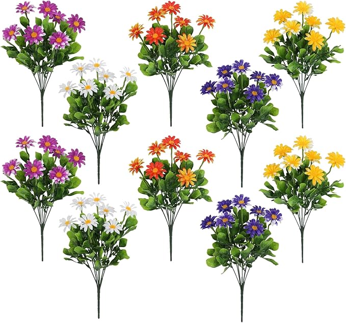 LOGOFUN 20pcs Artificial Chrysanthemum Daisy Bouquet Faux Plastic Flowers for Home Garden Decor
