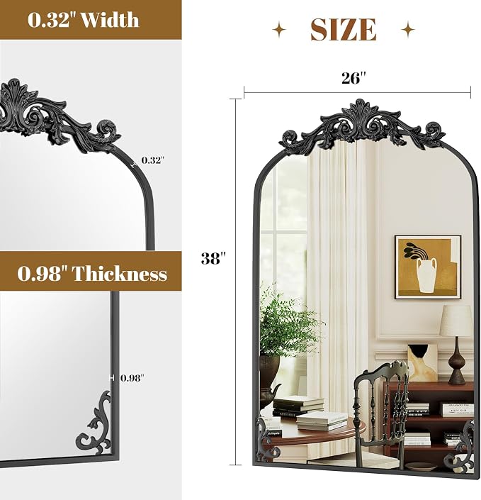 VooBang 26x38 inch Vintage Arched Bathroom Mirror - Gorgeous Wall Vanity Mirror with Beautiful Retro Top and Bottom Engraving Process Frame for Entryway Hallway Living Room, Black