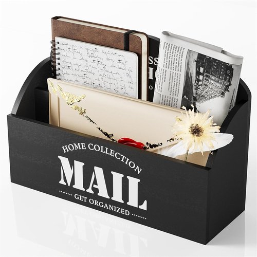 Mail Organizer | Skiennix 2-Slot Mail Holder - Stylish Black Wood Desk Sorter for Home Office