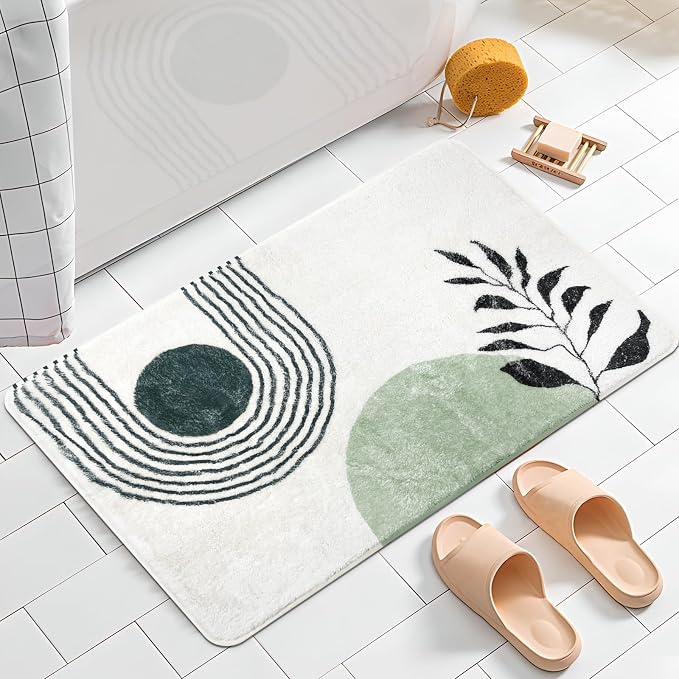 APROPHIC 17"X24" Boho Bath Rugs for Bathroom Decor Non-Slip Bath Mat Absorbent Plush Microfiber Soft Carpet Machine Washable Bath Mat for Sink, Showers, Laundry Rooms, Living Room, Green