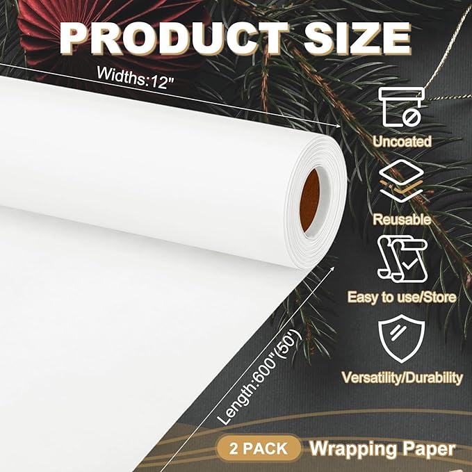 PATIKIL Wrapping Paper, 2 Pack 12"x600"(50') Bulletin Board Paper Roll Kraft Paper Roll Construction 80GSM for Shipping Packing Gift Wrapping Craft Flower Bouquet Christmas, White