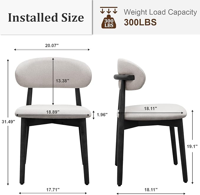 Farmhouse Dining Chairs Set of 8,Mid Century Modern Fabric Upholstered Kitchen Chairs,Wooden Dining Room Chair with Curved Back Black Leg for Kitchen Dining Room Restaurant Cafe,Linen Gray,Only Chairs