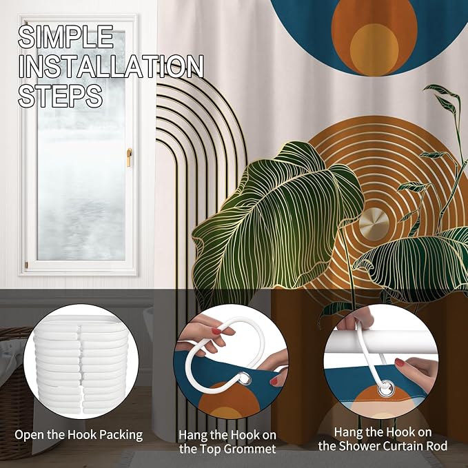 Boho Shower Curtain for Bathroom Modern Mid Century Plant Palm Leaves Bath Curtain Modern Minimalist Geometric Arch Bath Decor Waterproof Polyester Fabric Curtains Set 60x72 inch