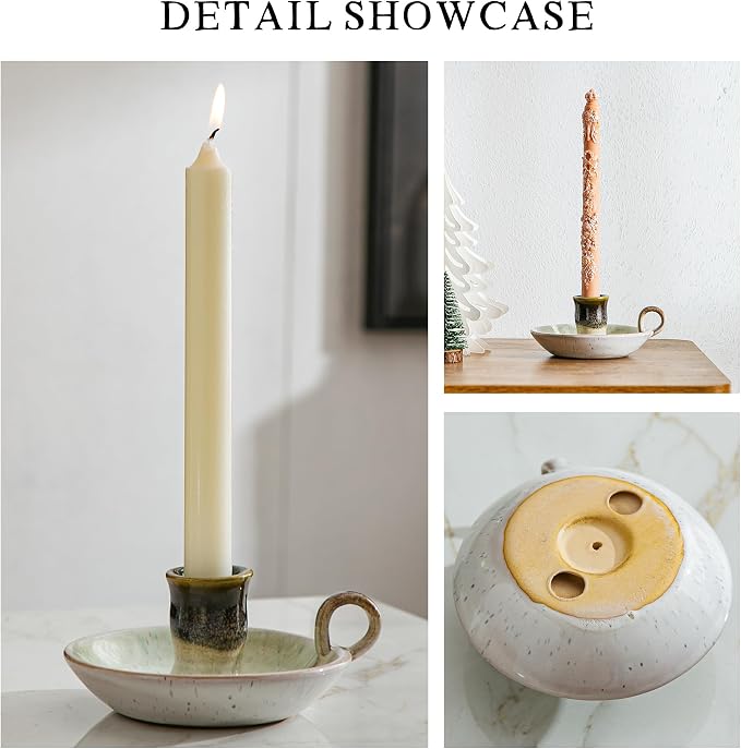 Candle Holder Ceramic Candlestick Holder, Candlelight Stand for Spell Candles, Taper Candles, and Incense, Halloween Christmas Dining Room Home Decoration Display-White and Green