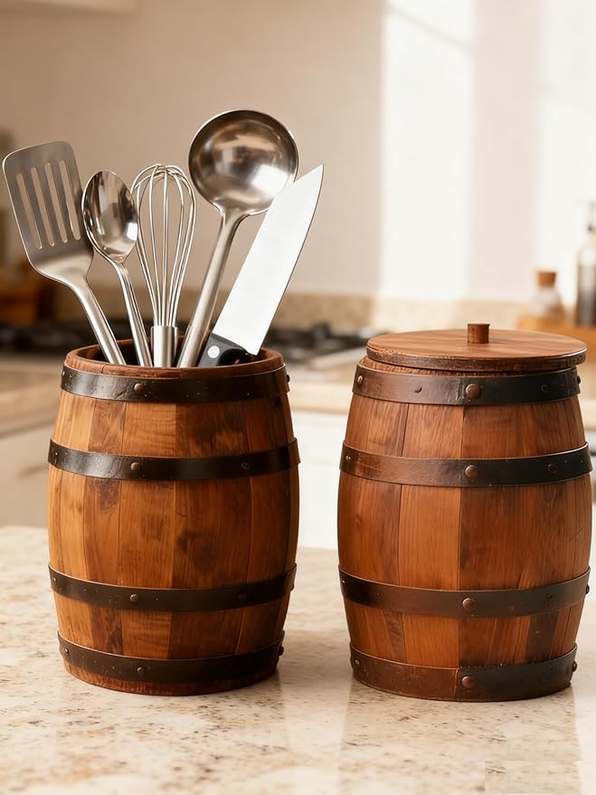 Wood Wine Barrel Vase 6" x 5" – Mini Barrel Rustic Wooden Flower Vase Planter for Wedding Reception, Party Table Decoration,Home Indoor Outdoor Garden, Kitchen,Planting-2pcs (2)