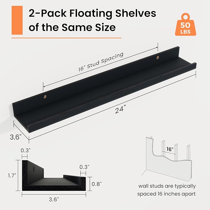 RICHFOCUS Picture Ledge Shelf, 24 inch Floating Shelves Set of 2, Wood Wall Shelves with Lip, Wall Decor Storage for Bedroom Living Room Bathroom Kitchen Nursery Photo Picture, Black