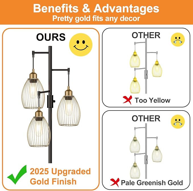 Dimmable Floor Lamp, Industrial Floor Lamps for Living Room, Gold and Black Tree Lamp Standing Lamp Tall Lamps with 3 Elegant Teardrop Cage Head & 800 Lumens LED Bulbs for Living room Bedroom Office