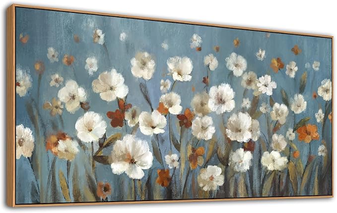 VEAEE Wildflowers Canvas Wall Art, Daisy Flowers Canvas Pictures,Abstract Orange White Floral Blossom Landscape Painting for Living Room Bedroom Kitchen Dining Room Home Office Decor 29"x58"