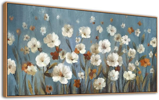 VEAEE Wildflowers Canvas Wall Art, Daisy Flowers Canvas Pictures,Abstract Orange White Floral Blossom Landscape Painting for Living Room Bedroom Kitchen Dining Room Home Office Decor 29"x58"