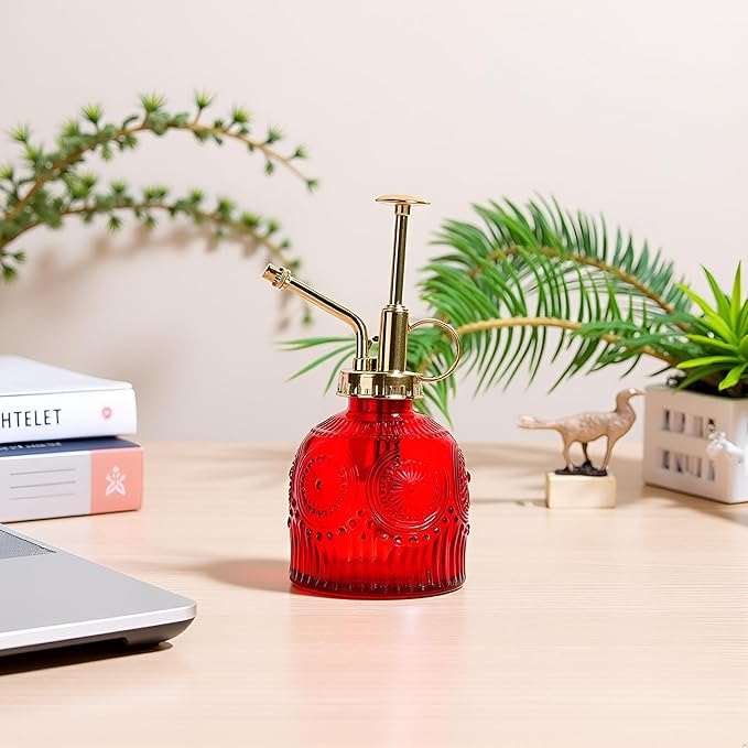 Glass Plant Mister Spray Bottle, 230ML Vintage Plant Spritzer, Succulent Watering Bottle Glass with Top Pump, Small Plants Sprayer Watering Can for Indoor Outdoor House(Red)