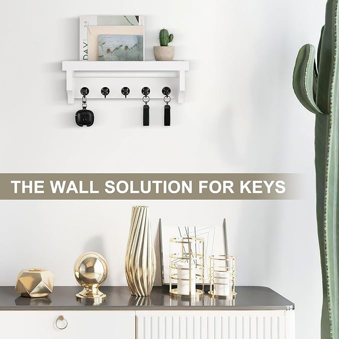 Lucundm Key and Mail Holder Wall Mount, Key Holder with Shelf and Mail Organizer Wall Mount. Mail Holder with 5 Hooks for Coat, Dog Leash, Home Decor Rack, Entry Way Organizer (White)