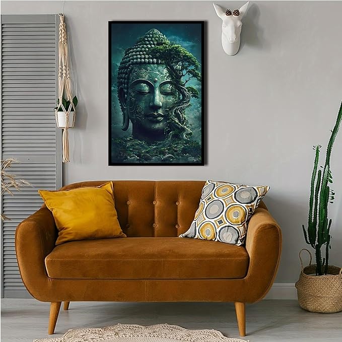 Buddha statue wall art canvas wall decor aesthetic picture mystical nature art for tranquil home and spiritual space 20x30in Metal blackFramed