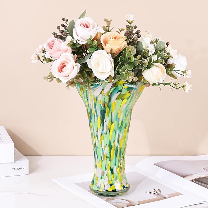 9.0"H Green Glass Vases for Flowers, Unique Hand Blown Glass Vase Green Gold Home Decor, Wide Mouth Colorful Flower Vase Centerpieces, For Living Room Table Bookshelf, Bathroom Office Shelf Decorative