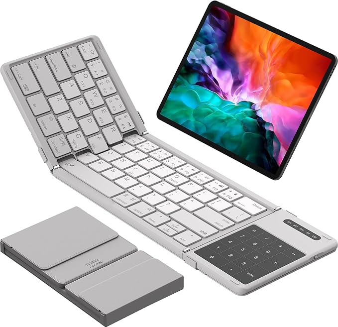Nillkin Foldable Bluetooth Keyboard with Touchpad & Number Pad, Portable Bluetooth Keyboard with Full Size Keys, Pocket-Sized Wireless Travel Keyboards for iPad, Smartphone, Tablet and Laptop Gray
