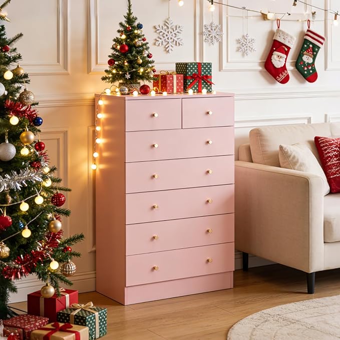 Karl home Pink 7 Drawer Dresser for Bedroom, Tall Dresser Chest of Drawers, Rustic Wood Bedroom Dressers Clothes Organizer, Anti-Tipping Device, Rose Gold Metal Handle, Living Room, Entryway, Office