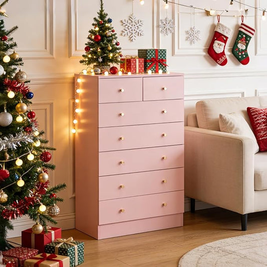 Karl home Pink 7 Drawer Dresser for Bedroom, Tall Dresser Chest of Drawers, Rustic Wood Bedroom Dressers Clothes Organizer, Anti-Tipping Device, Rose Gold Metal Handle, Living Room, Entryway, Office