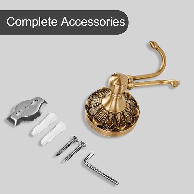 Antiuqe Brass Towel Hook, Brass Bathroom Robe Hook, Rustic Double Towel Hooks Bath Farmhouse Coat Clothes Hook Wall Mounted for Bathroom Kitchen Storage Vintage