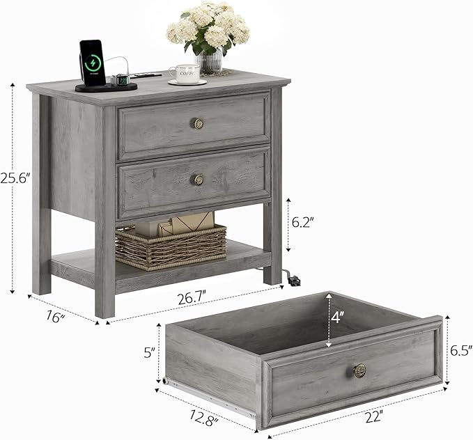 LGHM Large Nightstand with Charger Station, Dressers for Bedroom with 2 Drawers, 25.6" Tall Chest of Drawers Closet Organizers & Storage Clothes -Textured Borders for Living Room, Hallway, Gray