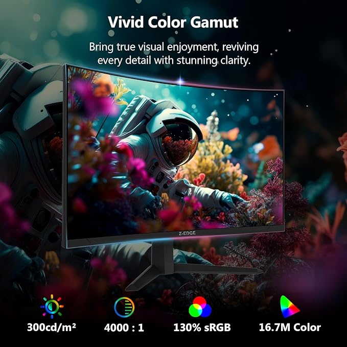 Z-Edge 27 inch Curved Gaming Monitor, FHD 1080P 300Hz 280Hz 240Hz Curved Monitor 1500R Computer Monitor, MPRT 1ms Monitor, 16.7M Colors, UG27S 2X DP 1.4 Ports and 2X HDMI 2.0 Ports