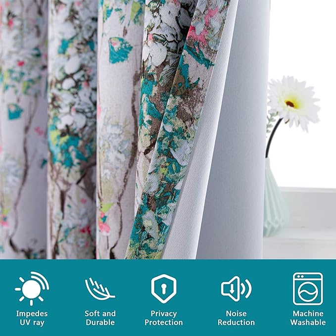 MYSKY HOME Floral Blackout Curtains 72 inches Long Pink and Blue Curtains Printed Window Curtain for Living Room Flower Leaves Grommet Drapes Panels