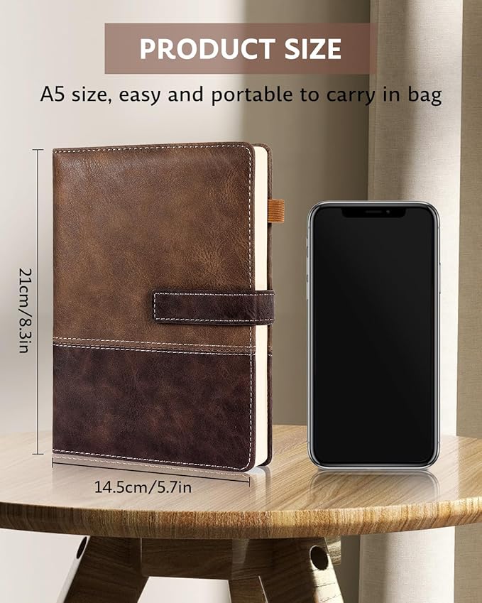 HULIPARK Leather Notebook Journal with Pen, A5 Lined Hardcover Notebook with Magnetic Closure, 240 Pages Daily Journal for Men Women, Ruled Journal Notebooks for Work, Writing, Note Taking - Brown