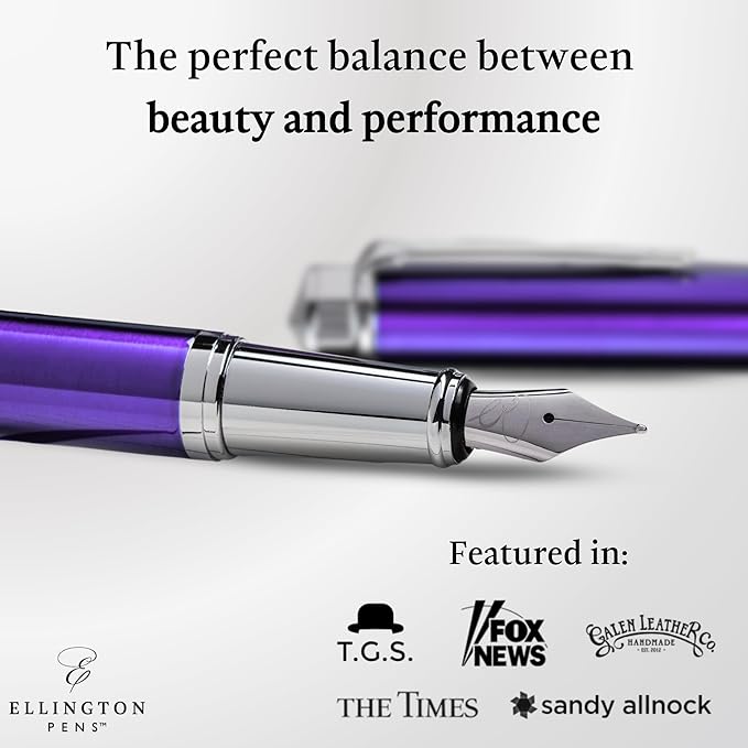 Ellington Pens Luxury Fountain Pen Set - Smooth Medium Nib - Includes 3 Ink Cartridges, Refillable Ink Converter, Gift Box - Fountain Pens For Writing, Calligraphy, Journaling, Sketching (Purple Haze)