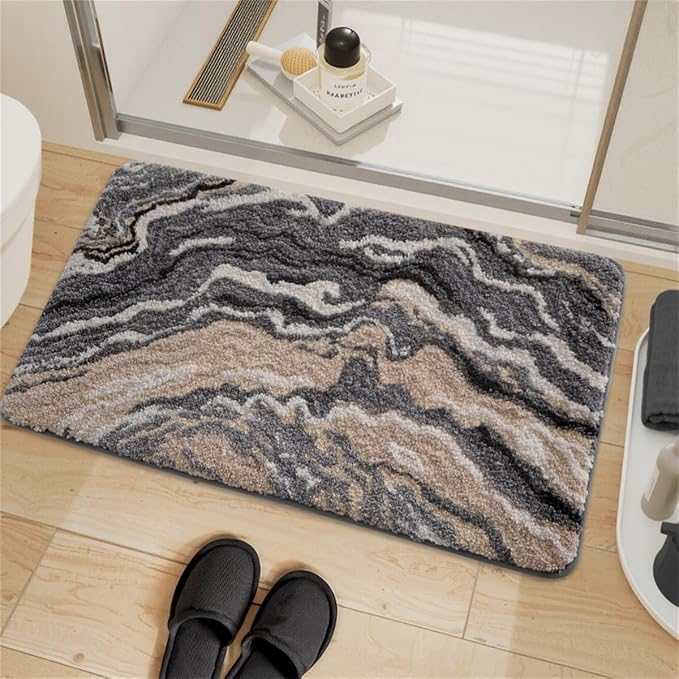 Ankah Luxurious Nordic Bathroom Rug, Extra Soft Fluffy Bath Mat, Absorbent, Non-Slip, Easy to Care and Fast Drying, Modern Style Marble Pattern Shower Rug, Home Decor Accessories, 17.3"x29.9", Brown