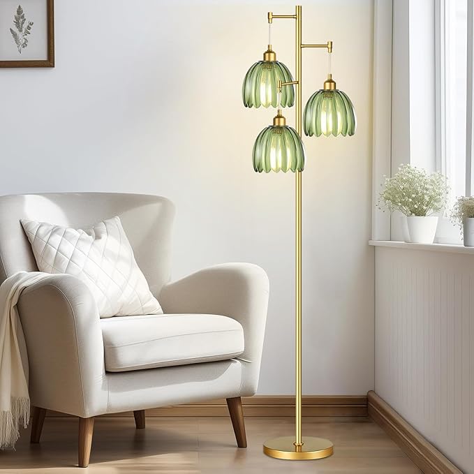 QIYIZM Gold Floor Lamp for Living Room,Bedroom,Mid Century Modern Standing Lamp Brass Tree 3 Light Tall Floor Lamps Vintage Retro Floor Lights Glass Green Flower Lamp Shade Farmhouse Boho Bohemian
