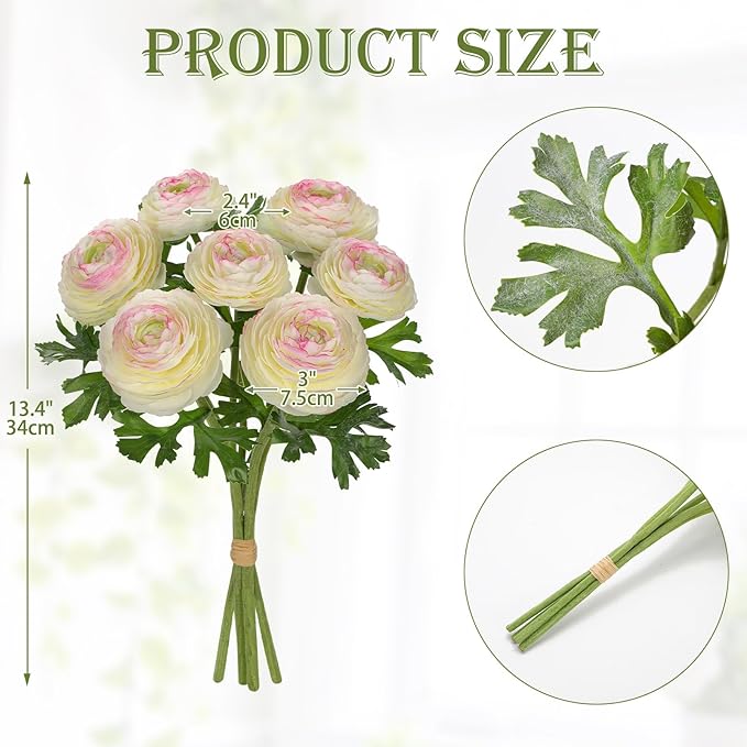 Hollyone 7 Heads Ranunculus Artificial Flowers White Fake Ranunculus Small Bouquets Silk Flowers Faux Floral Centerpieces Flower Arrangements for DIY Home Decor Wedding Party Bridal Shower Decorations