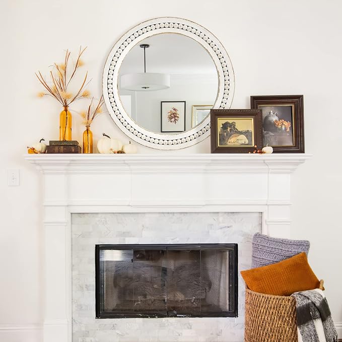 H HOMEWINS Rustic Round Mirror, 24" Wooden Circle Mirrors,Farmhouse Wall-Mounted White Beads Decor Mirror for Bedroom, Bathroom, Living Room,Vanity