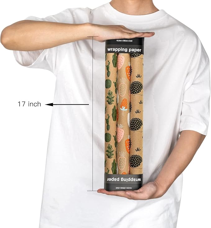 MAYPLUSS Kraft Wrapping Paper Roll - 3 Mini Roll - 17" X 120" Per roll - Fruit/Cactus/Hedgehogs Design (42.3 sq.ft.ttl)