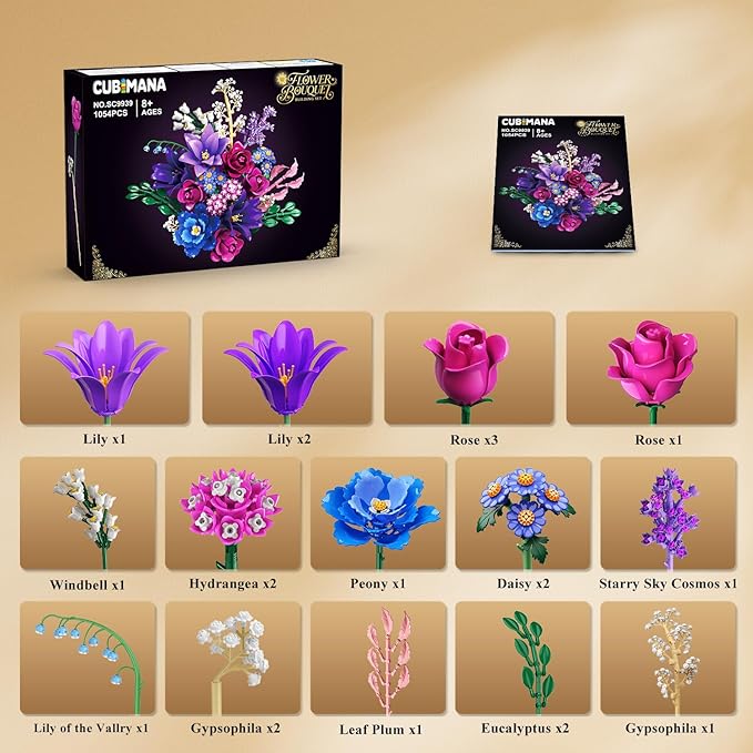 Flowers Bouquet Building Set with LED Light, 21 Flower Botanical Collection Building Block Toy, Rose Lily Home Plant Decor 1054PCS for Her Adults Women Kids Girls 12+ (Purple)