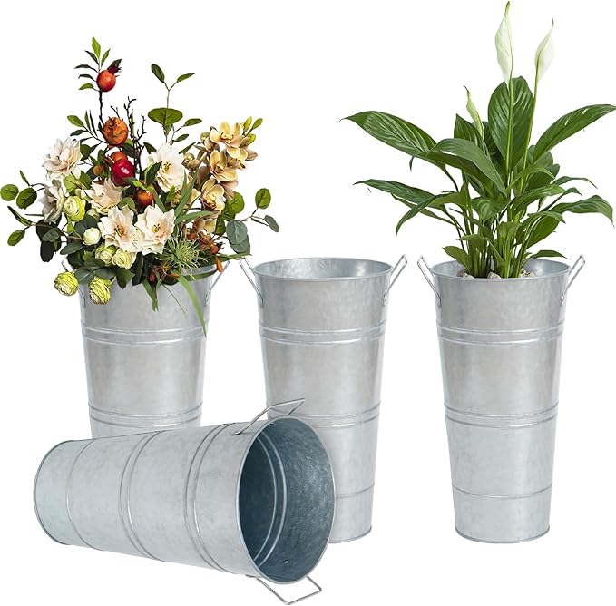 Notakia 10.62 Inch Galvanized Metal Vases Farmhouse French Flower Bucket Vases for Cut Flowers for Home Decor and Wedding Table Centerpiece Decorations (Medium Silver 4Pcs)